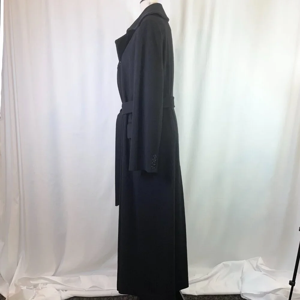 Calvin Klein Maxi Coat Size 12 Vintage 80's Black Double Breast Belt Merino Wool - Picture 3 of 15